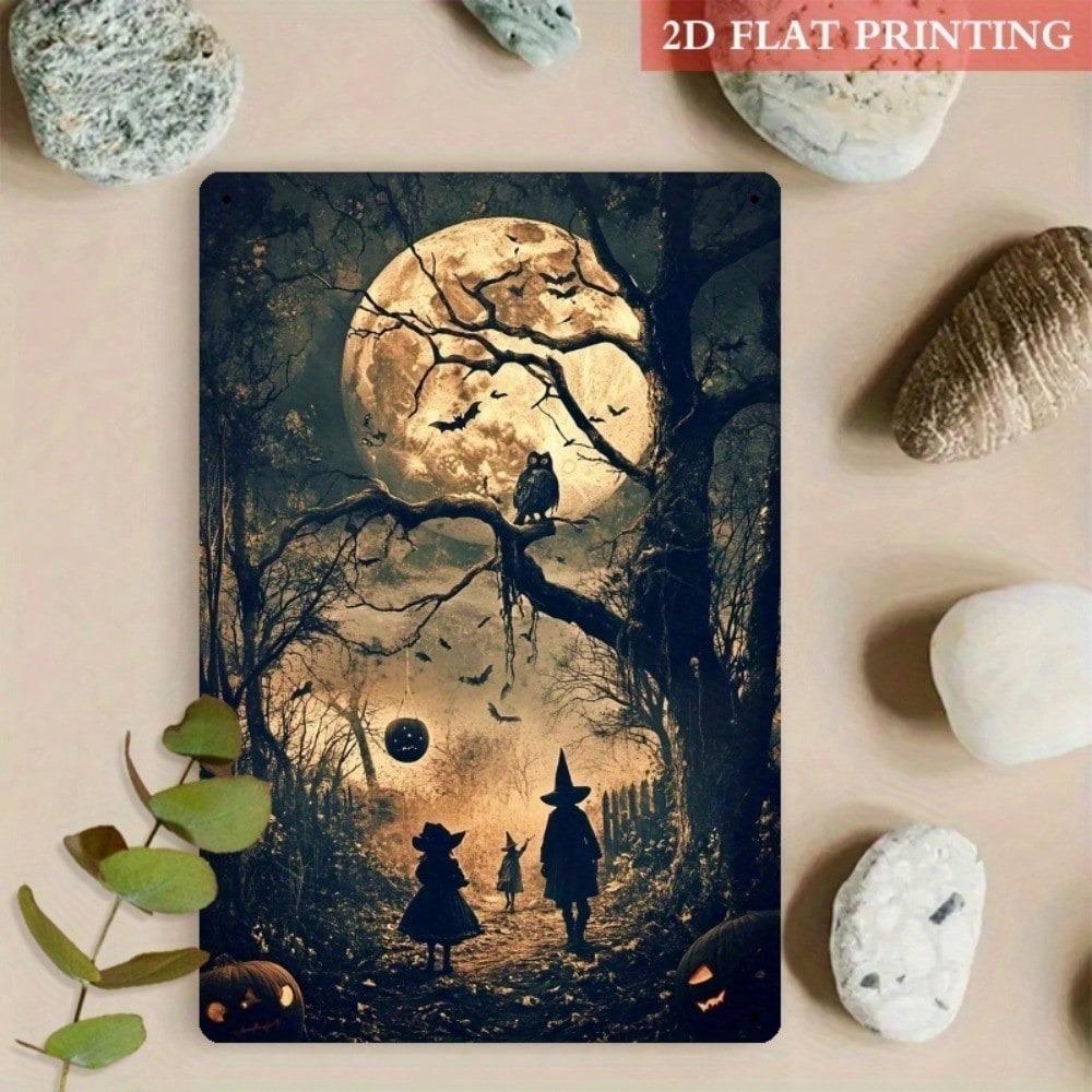 Halloween Metal Sign 8x12 Inch, 2D Flat Witch & Cat Wall Decor, Horror Theme Metal Plaque for Bedroom Living Room Garden, Spooky Gift