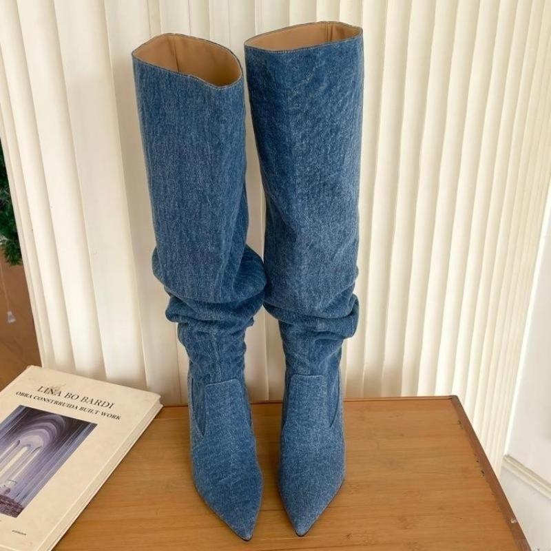 Moda de Primavera y Otoño Botas de Mujer Nuevas Color Sólido Denim Punta Afilada Tacón Alto de Aguja Manga Botas Altas de Mujer