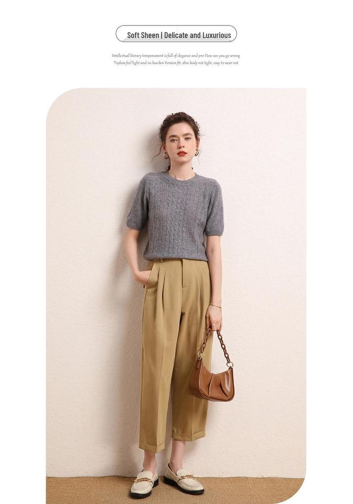 Le Kasha 2026 Autumn/Winter Women's Cashmere Cable Knit Short Sleeve Sweater - Skin-Friendly, Round Neck, Versatile, Thick.