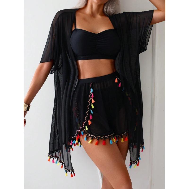 White 3 Piece Bikini Set with Tassel Cover Up Kimono and Shorts Boho Beachwear