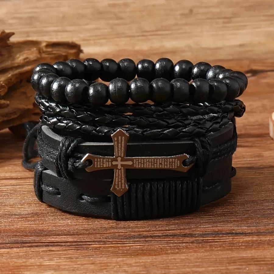 4pcs Set Handcrafted Men'S Bracelets with Cross Alloy | Faux Leather, Vintage Style, Suitable for Daily and Gift Occasions