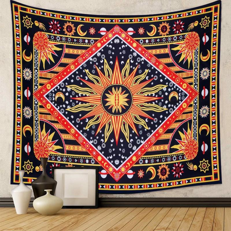 Boho Chic Wall Tapestry With Moon Phase Floral Starry Sky Design Bedroom Yoga Studio Decor