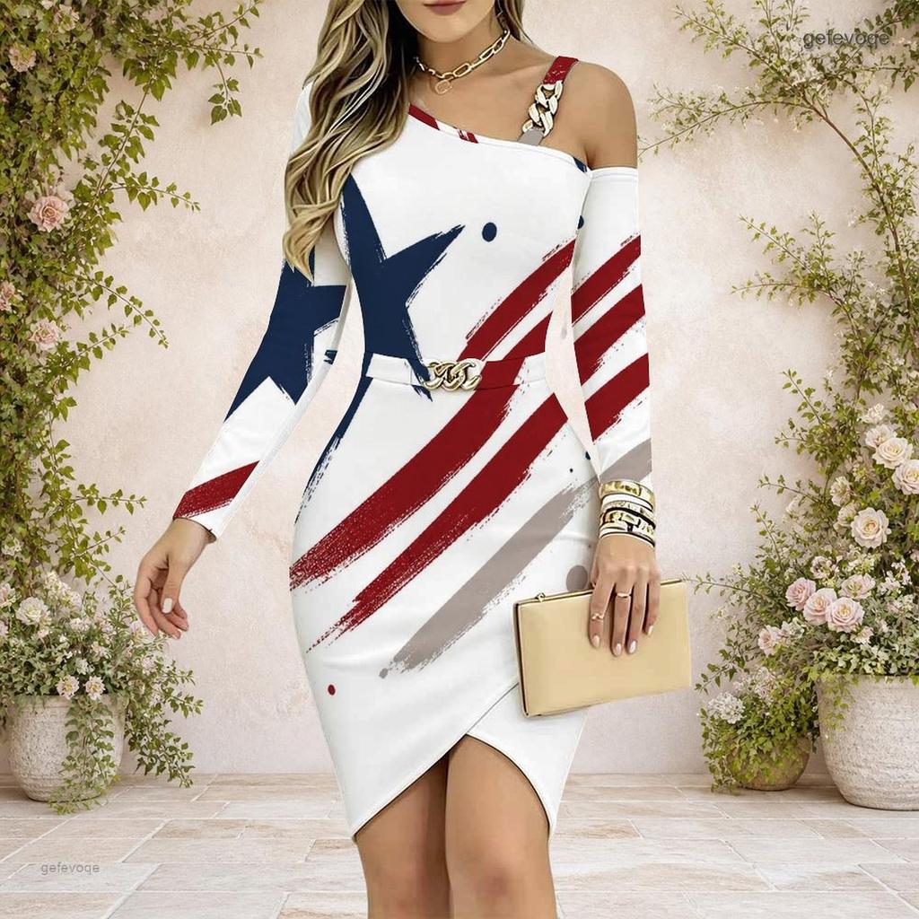 Women Plus Size Cold Shoulder Long Sleeve Printed Chain Strap Asymmetrical Hem Bodycon Dress