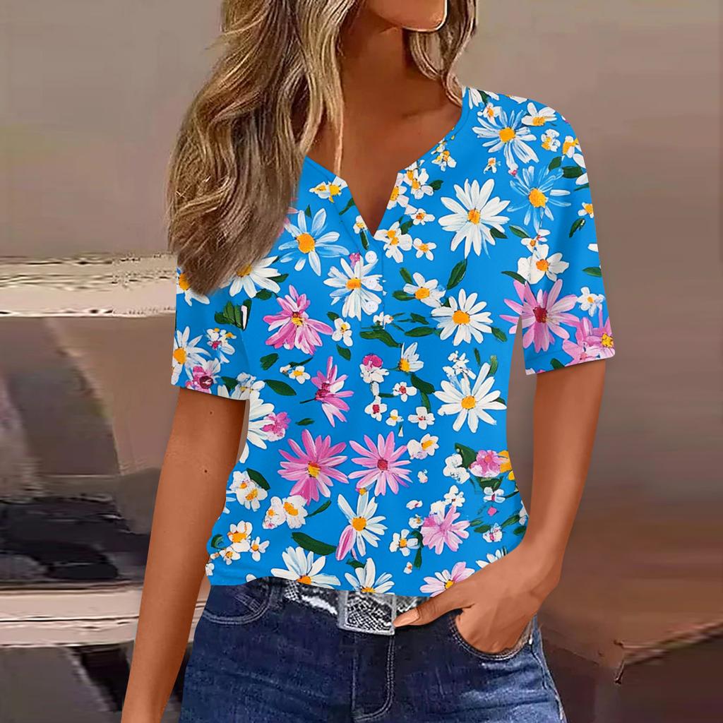 Damen T-Shirt mit Aufdruck und Knopfleiste, kurzärmelig, für den Alltag, Wochenende, modisch, Basic, V-Ausschnitt, normales Oberteil