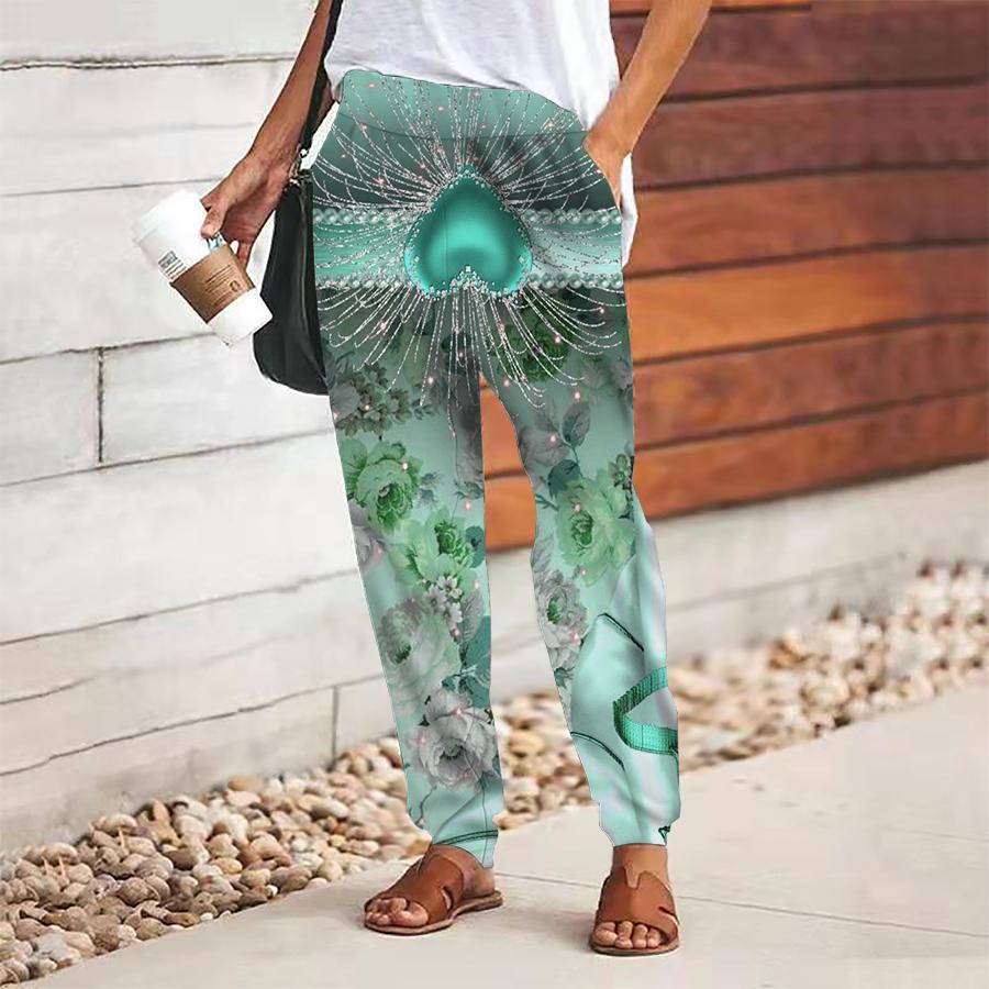 Women Gorgeous Printing Pants Lace Up Elastic Waist Loose  Trousers Casual Long Pants Trousers with Pockets