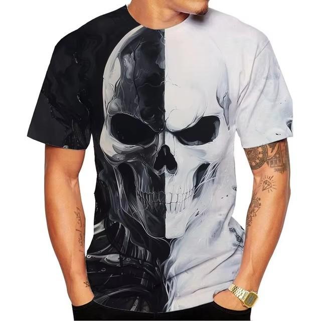Fashionable Men's Short Sleeved 3D Digital Printed Skull Pattern T-shirt Trendy Versatile Top