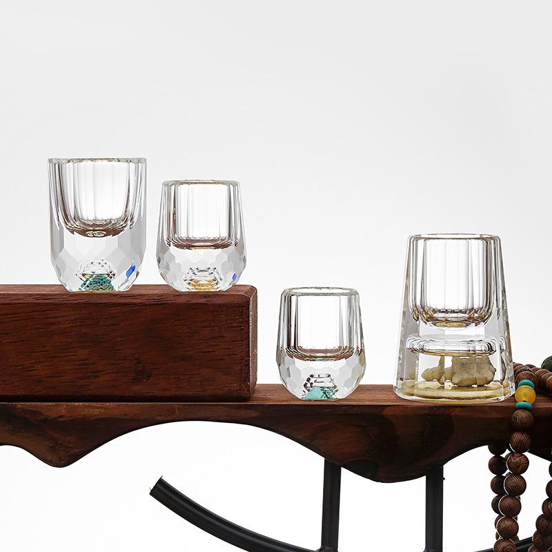 Creative Crystal Baijiu Cup High-Grade Jinshan Cup Gold Foil Baijiu Cup Household One-Bite Cup Set Wine Set Gift Box Packaging