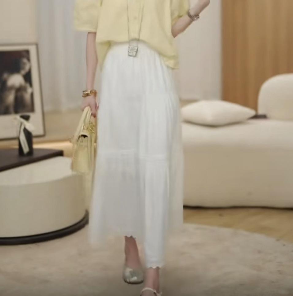 

Женская белая плиссированная миди-юбка с кружевной отделкой и высокой талией - Летняя А-силуэтная юбка-свинг M