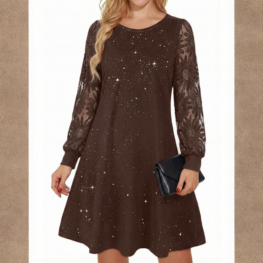 Ladies' Round Neck Lace Patchwork Long Sleeved Slim Fit Dress