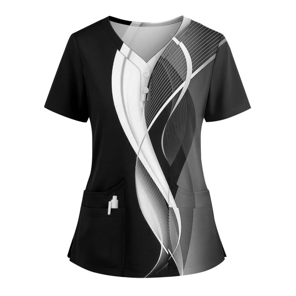 Women's Loose Short Sleeved Fashionable Polka Pots And Geometric Printing V-neck Buttonable Side Slit Top T-shirt