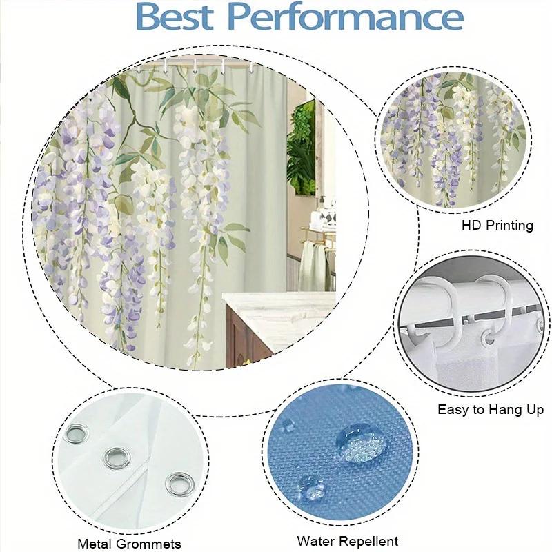 Wisteria Floral Shower Curtain - Lavender Purple & Green Leaves, Soft Green Polyester, 12 Hooks, 70.8X70.8 Inches, Modern Decor