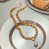 Modern 18K Gold Plated Stainless Steel Freshwater Pearl Pendant with Link Chain Tassel Linear Asymmetric Necklace for Women