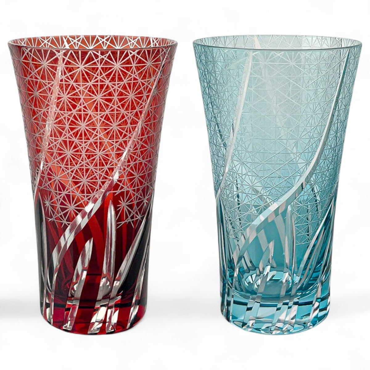 

Mizukage Kiriko Pair Whiskey Ranbori Komon Sky Blue Current Model J-kitchens Glasses/Cups, Long, 8.6×14.8cm, 400cc, Pattern, & Red,