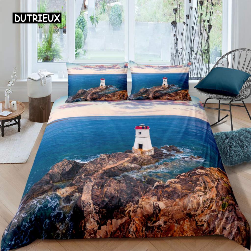 Lighthouse Duvet Cover Set Nautical Surfing Ocean Wave Bedding Set Queen Polyester Coastal Nature Theme Quilt Cover for Kids Boy