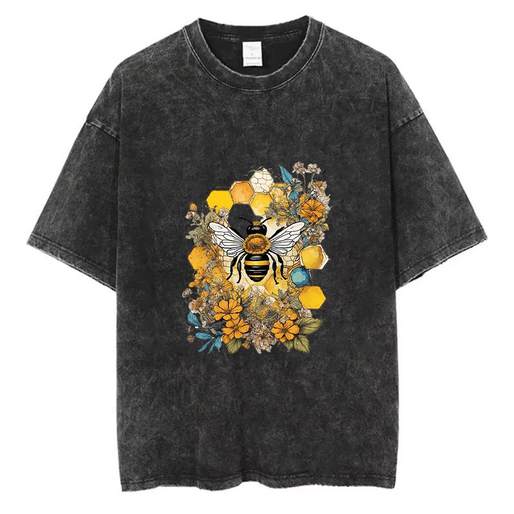 Acid Wash Casual Graphic TShirt for Women Honey Bee Beekeeper Print Vintage Bee Short Sleeve Nature Fashion Daily Tops S