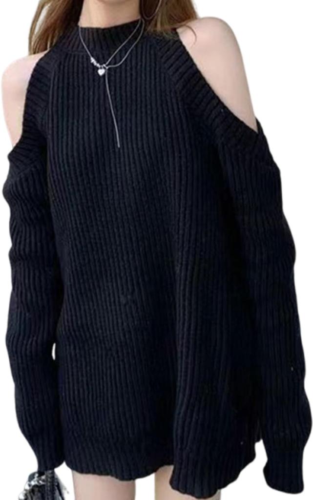 Knit Loose Long Sleeve Solid Midi Korean Harajuku [J.STORE] Off-the-shoulder, Loose-Fitting Dress, Tunic/Sweater, Fall/Winter, Fit, Off-the-Shoulder,
