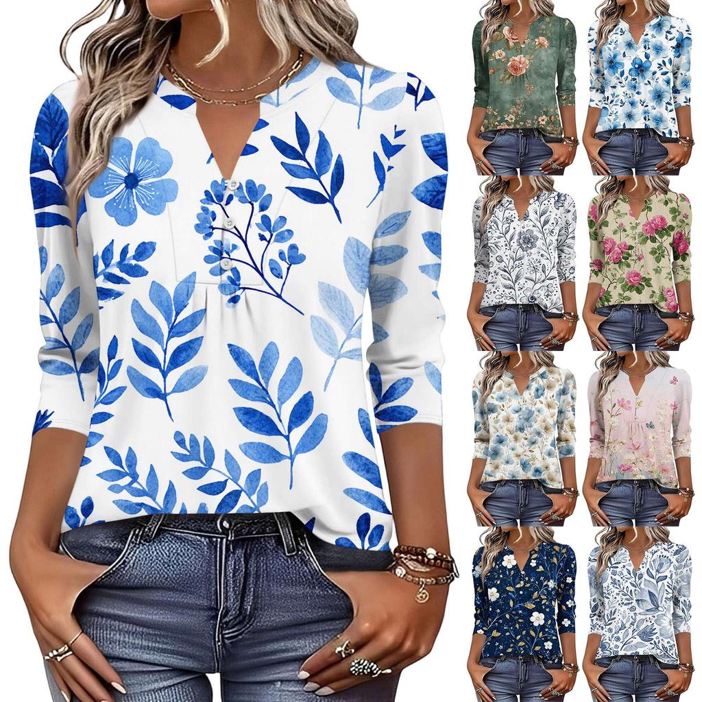 Women's Fashionable Casual Retro Floral V-Neck Decorative Button Three-Quarter Sleeve T-Shirt Top