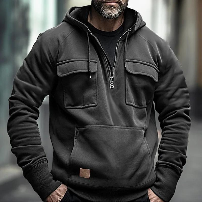 Hoodies Solide Warme Fleece Halbreißverschluss Herren Kapuzenjacken Sweatshirts Mehrere Taschen Dicke Outdoor Polar Übergröße