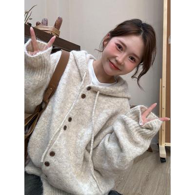 Autumn and Winter New Soft Waxy Lazy Wind Hooded Knitted Cardigan Sweater Women's High-end Loose Single-breasted Coat Top