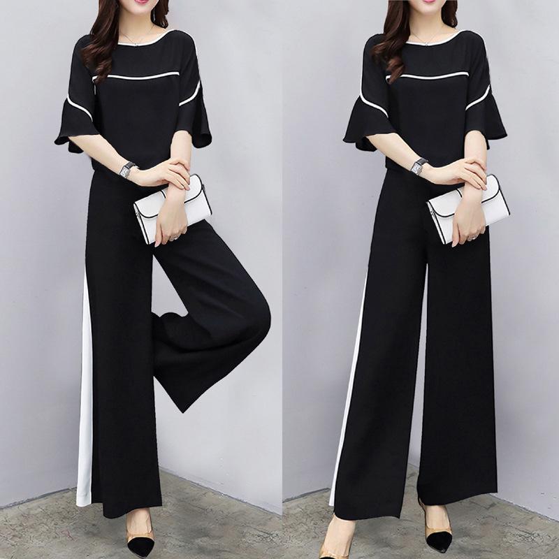 Summer Stylish 2-Piece Set Loose-Fit Bell Bottoms Short Sleeves Women's Trendy Korean Version Suit