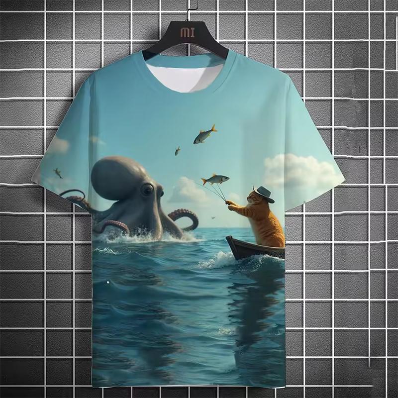 Men's T-shirt 3D Printed Funny Beach Catching Fish Kitten Printed Short Sleeve T-shirt Daily Casual Round Neck T-shirt Polyester