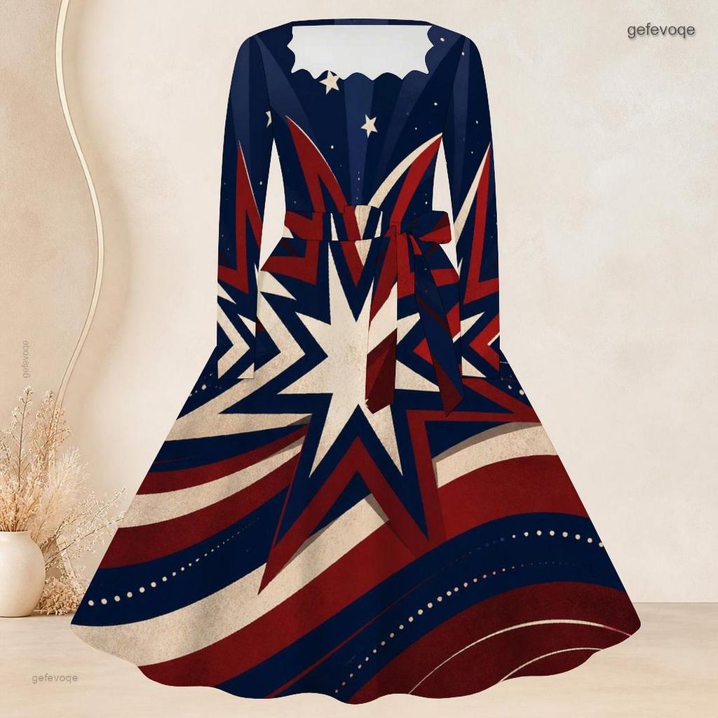 Plus Size Women Square Neck Long Sleeve Dress With Belt Red Blue Gold Star Firework Glitter Print Swing Dress