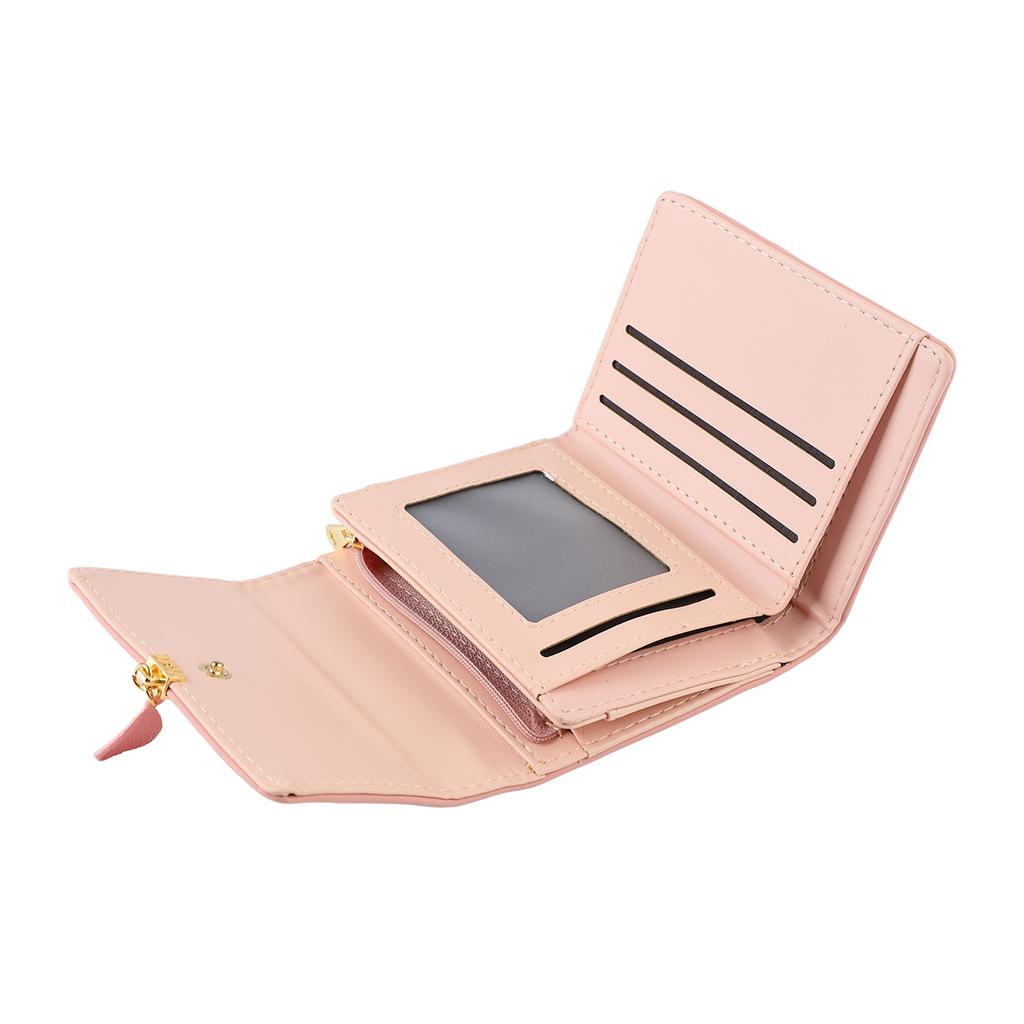 Women Short PU Wallet Multi Slots Stylish 3 Folding Wallet with Hardware Buckle for Photo Cards