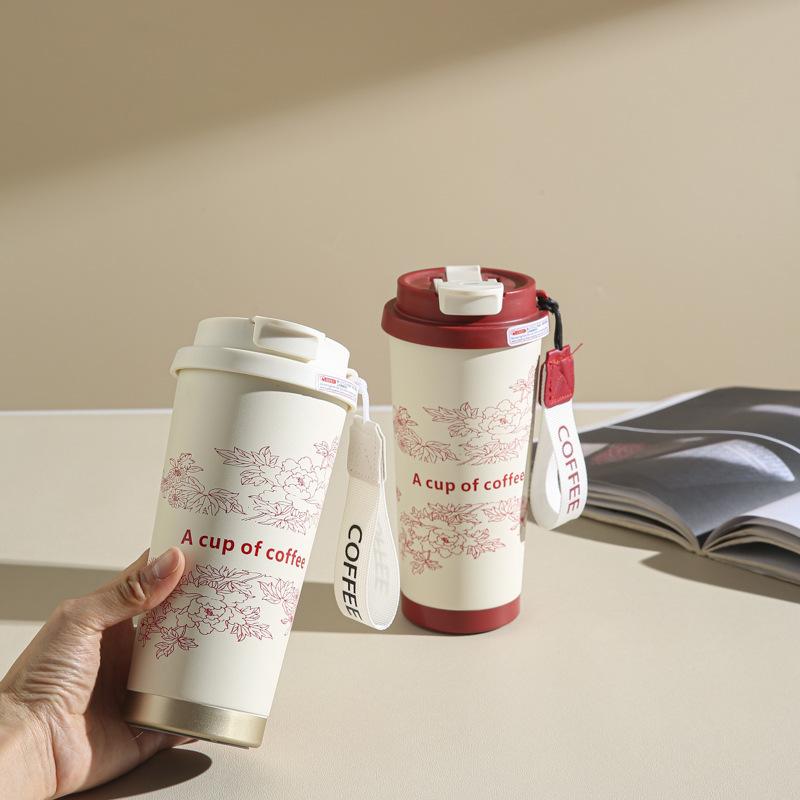 Stainless Steel Lily of Valley Thermal Mug Office Water Bottle Tea Coffee Cup Double Drink Straw Water Bottle Reusable Travel