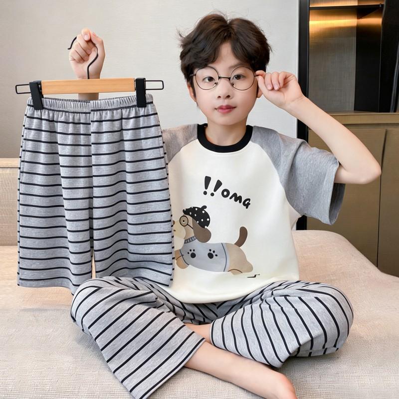 Boys Cotton Pajama Set Short Sleeve Shorts 3-Piece Cartoon Sleepwear Lightweight Home Outfit Kids