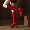 Women's Red Patent Leather Chunky Heel Boots - Autumn/Winter 2025 Collection, Metal Anti-Collision Square Toe, Elastic, Sexy Long Design.