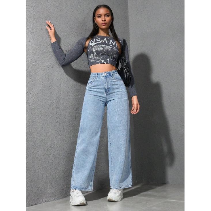 Jeans Women Vintage Wide Leg Pants Denims High Waist Washed Distressed Basics Straight Trousers Streetwear Floor Length