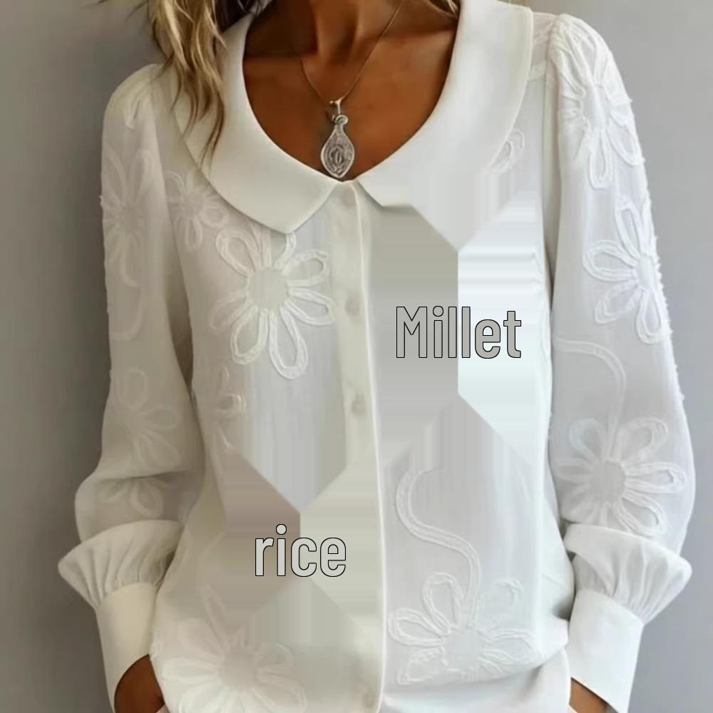 Frühjahr/Sommer 2026 Hemd mit Puppenkragen, langen Ärmeln, Stickerei und Jacquard