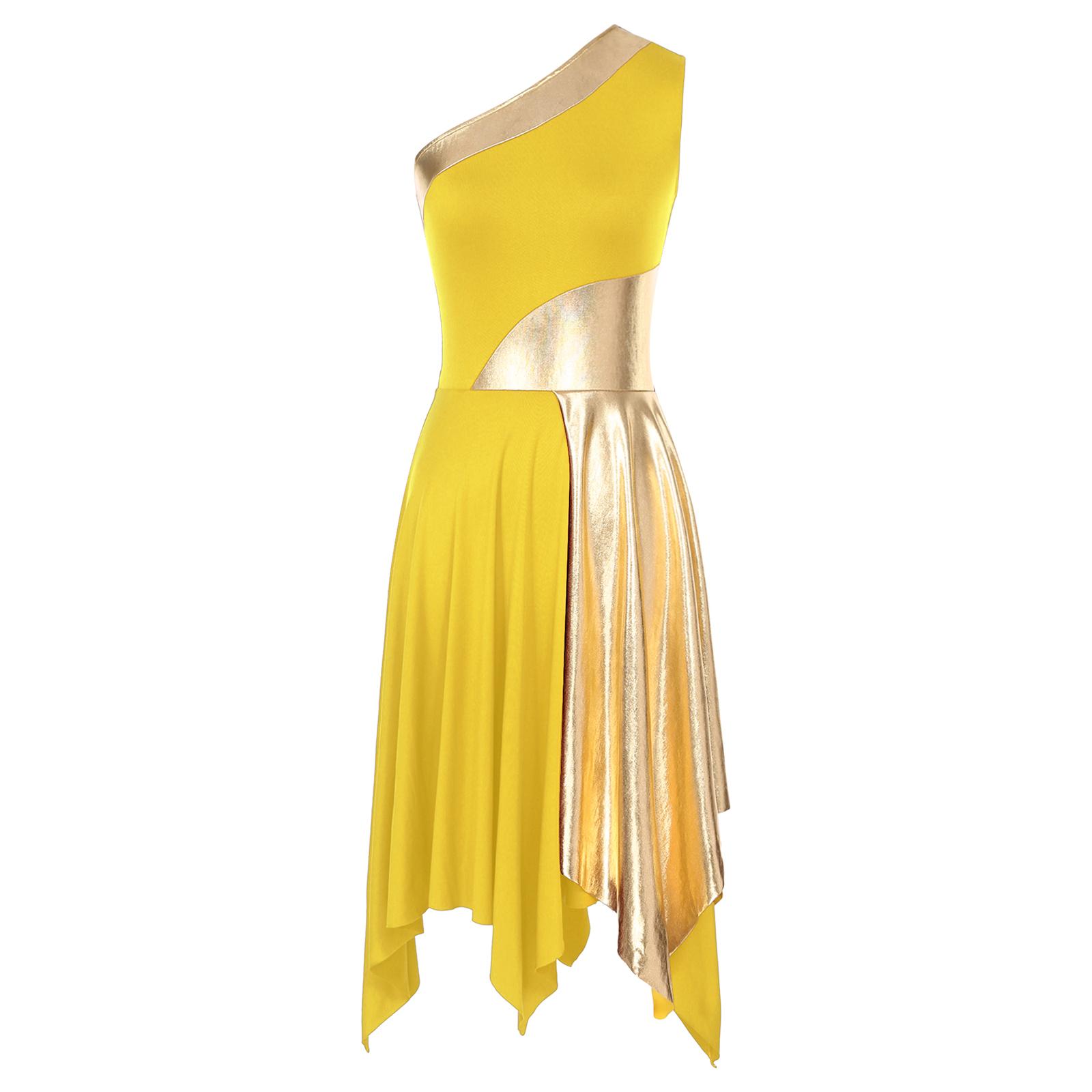 

Womens Praise Dance Dress Metallic Color Block Design One Shoulder Irregular Hem Sleeveless Performance Costume L жовтий