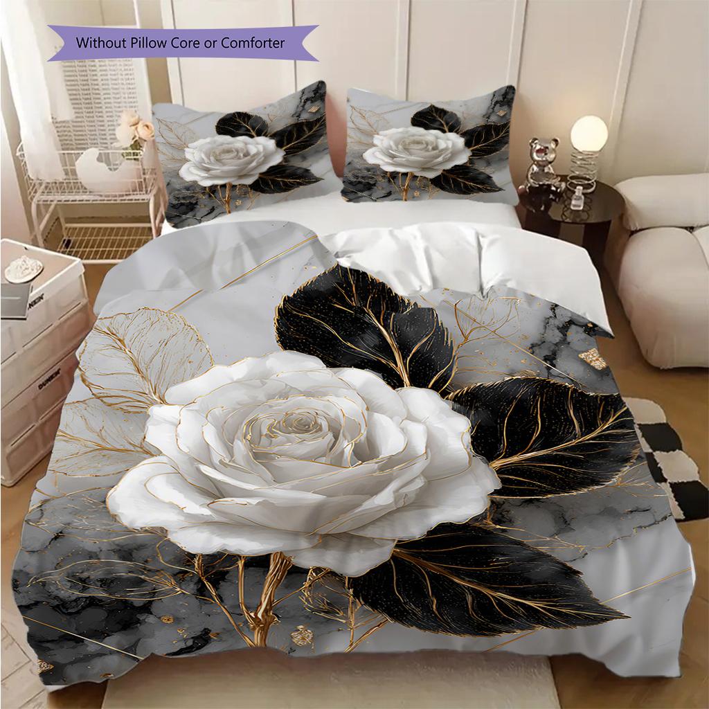 Camellia Pattern Bedding Quilt Set Quilt Cover Pillowcase Home Decoration Birthday Gift (1 * Duvet Cover + 2 * Pillowcase, Without Core)