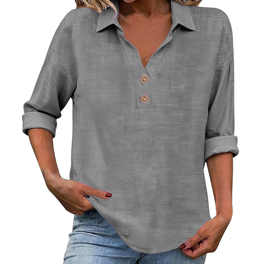 Women's Seven-Sleeve Cotton Linen Lapel Shirt - Solid Color, Casual, Breathable