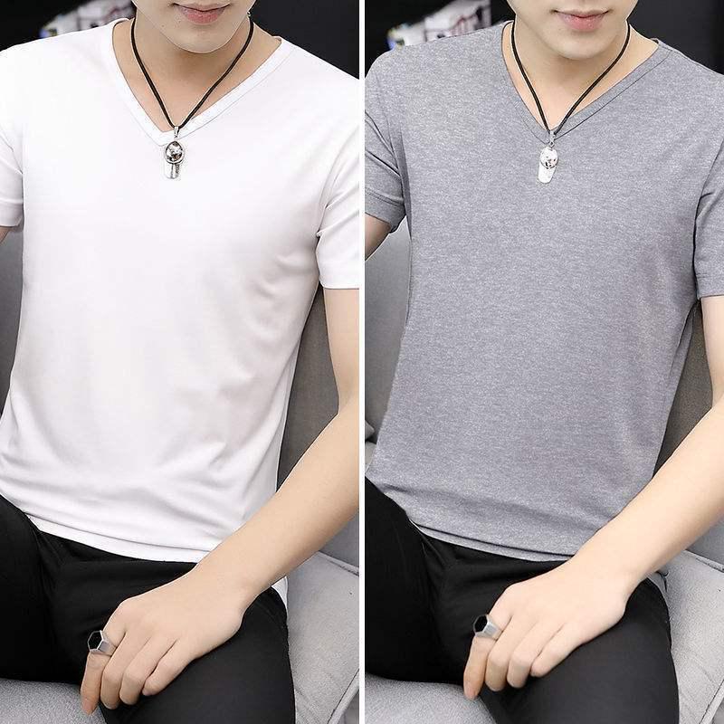 2-pak męskich koszulek z lodowego jedwabiu z dekoltem w serek, z krótkim rękawem, slim fit