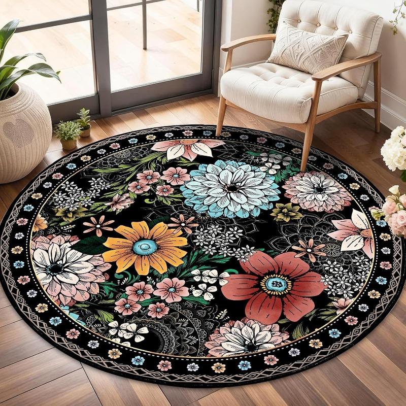 Boho Floral Round Area Rug Colorful Vintage Flower Pattern Home Decor Mat Soft Non-Slip Circular Carpet for Living Room Bedroom
