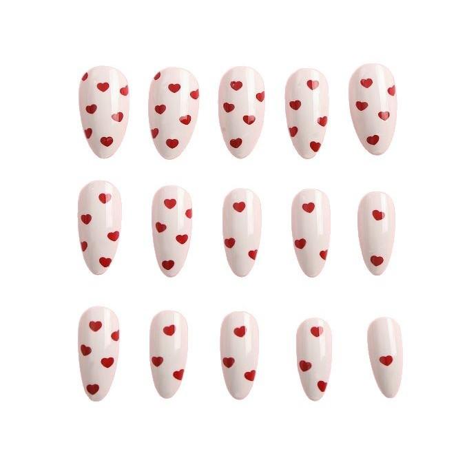 24 Pieces Of White With Burgundy Love Manicure Valentine'S Day Niche Girl Wearing Nail Red Love Fake Nails