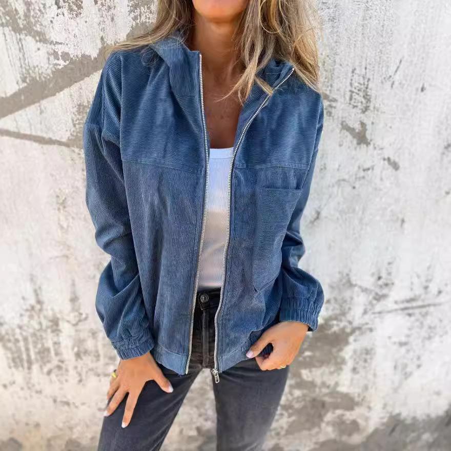 

Жіноча вельветова куртка з капюшоном 2025 року - Повсякденний весняно-осінній верхній одяг з кишенями та блискавкою Large синій