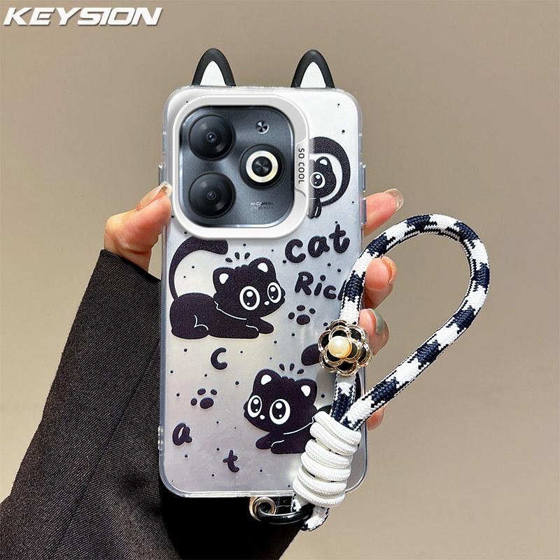 KEYSION Cute Ear Cartoon Case for Infinix Hot 40i with Lanyard Soft Silicone+PC Shockproof Phone Cover for Infinix Smart 8 HD