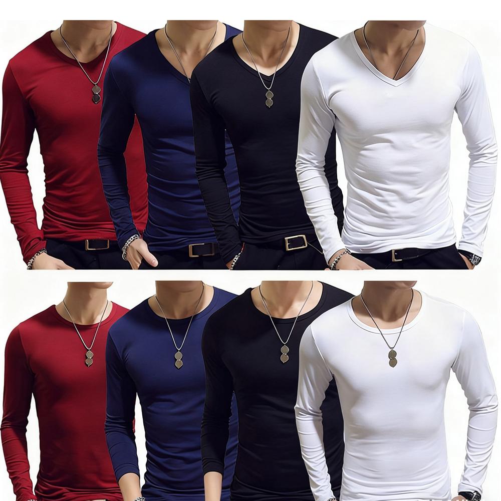 Men's Fashion Casual Slim Fit Long Sleeve T-Shirts Lightweight Solid Color O/V Neck Cotton T-Shirts Blouse