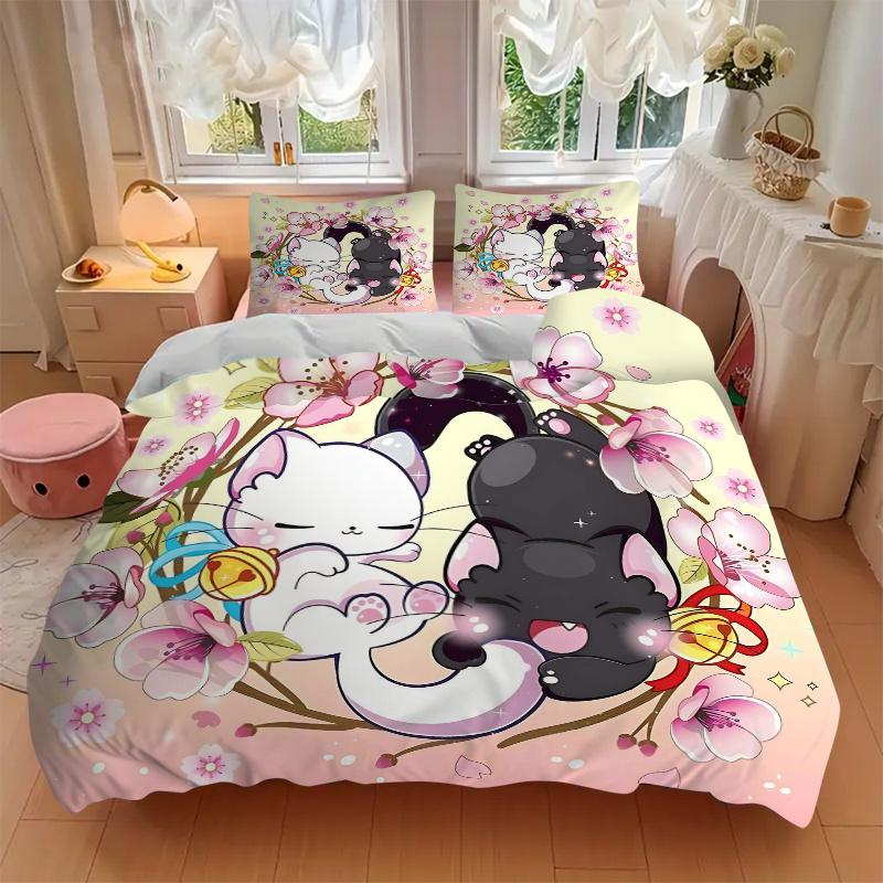 3pcs Creative Adorable White Cat and Black Cat Printed Bedding Set, Soft and Comfortable Quilt Cover for Bedroom, Guest Room (1 Duvet Cover