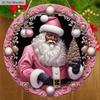 Pink Christmas Wooden Sign with Black Santa Claus Pattern - Navidad Round Sign for Yard Door Wall Hanging Decor - Ideal Christmas Decoration