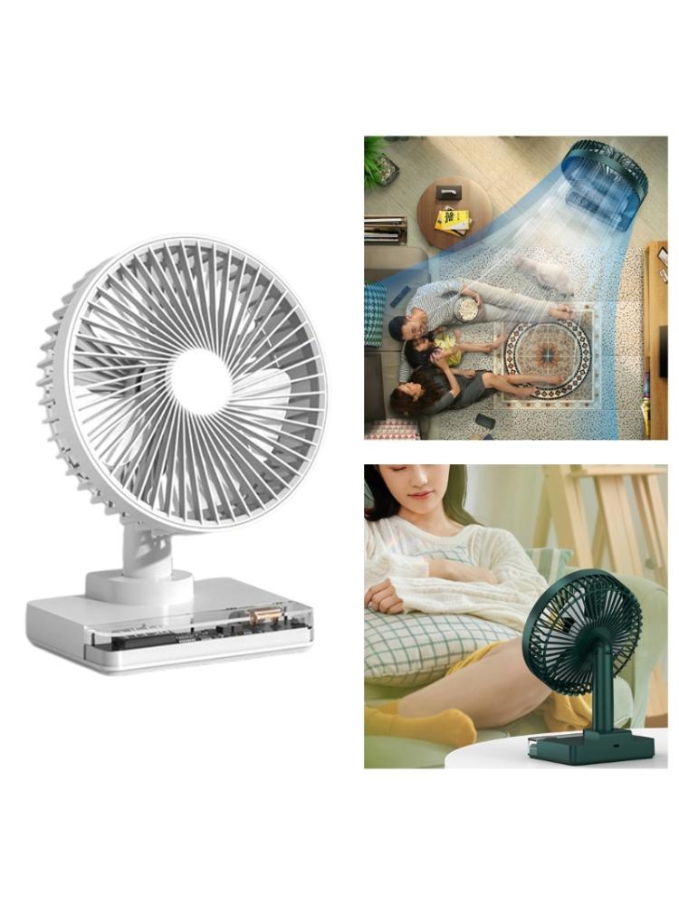 Desktop Clock Fan 90 Egree Shaking Head Height Wind Speed Adjustable 3600mAh Type-C Chargeable Light Portable Fan