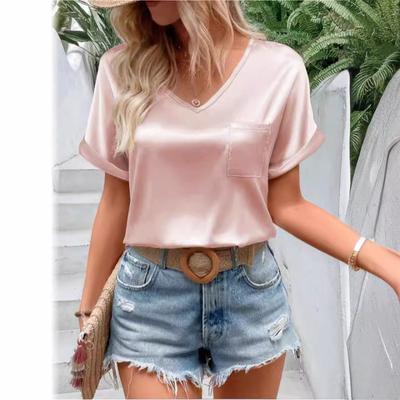 Women's Color Satin V-neck Pocket T-shirt with Rolled Edge Short Sleeved Loose Casual Top