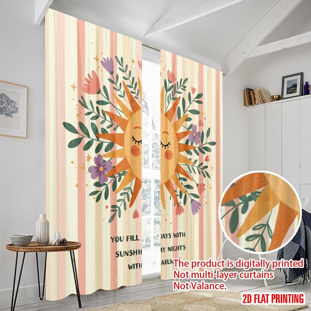 2pcs 2D flat printing Curtain Cute Sun Flower Polyester Without Electricity Family Party Use for General Festive and Winter
