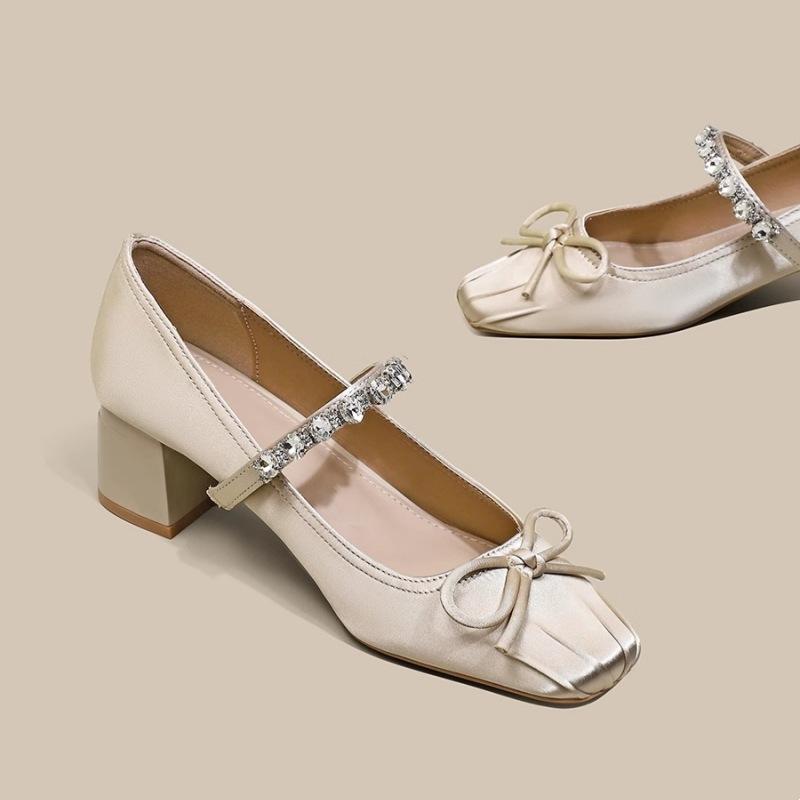 Soft Leather Version Chinese Bow Rhinestone Ballet Square Head Thick Heel Mary Jane High Heel Single Shoes Women's Cheongsam Skirt
