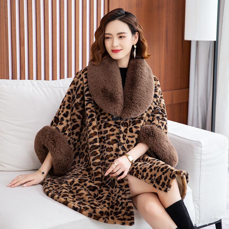 Women'S Coat Winter Velvet Thickened Thermal Cape Large Fur Collar Loose Large Size Leopard Print Cape Jacket