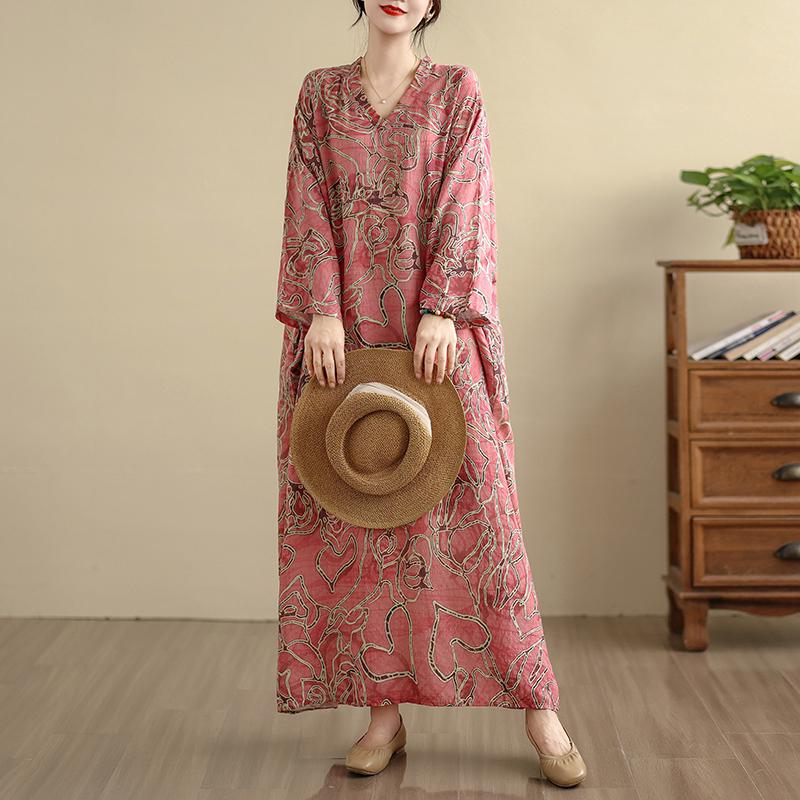 Dimanaf 2025 Women Plus Size Spring Long Dress Loose V-Neck Printing Vintage Casual Floral Oversize Long Sleeve 5059