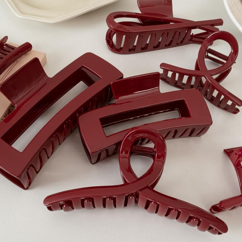 Women Large Dark Red Color Hair Claws Barrettes Hairpins Plastic Ponytail Hair Clips Girls Senior Hair Shark Clip Accessories